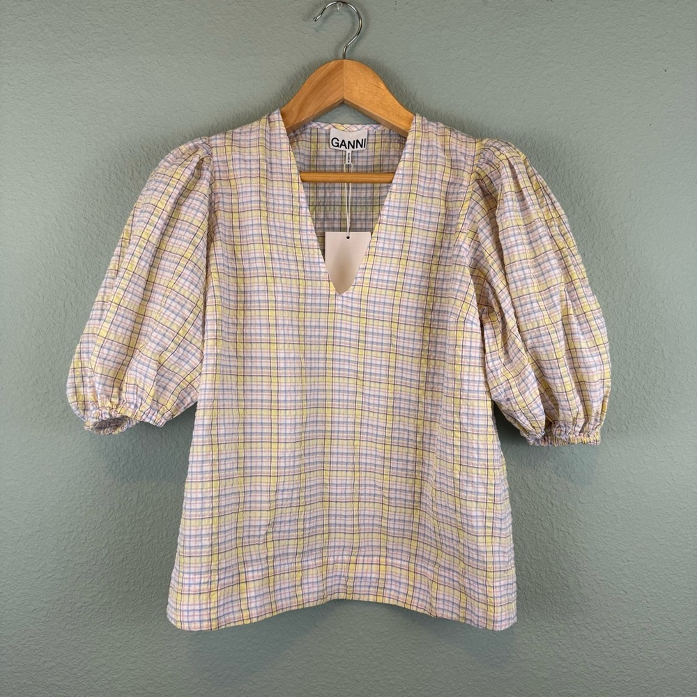 GANNI‎ Pastel Plaid Puff Sleeve Blouse — Size 38 NWT